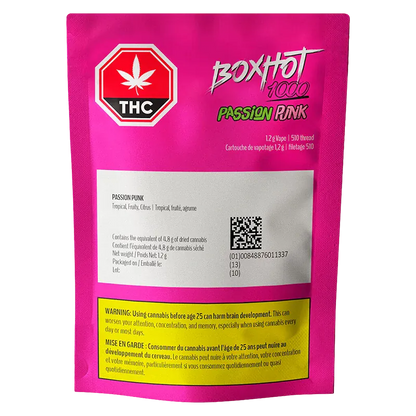 Front-facing shot of the bright pink Passi0n Punk Vape Cartridge packaging labeled "Passion Punk Vape Cartridge" with warning text and a THC emblem.