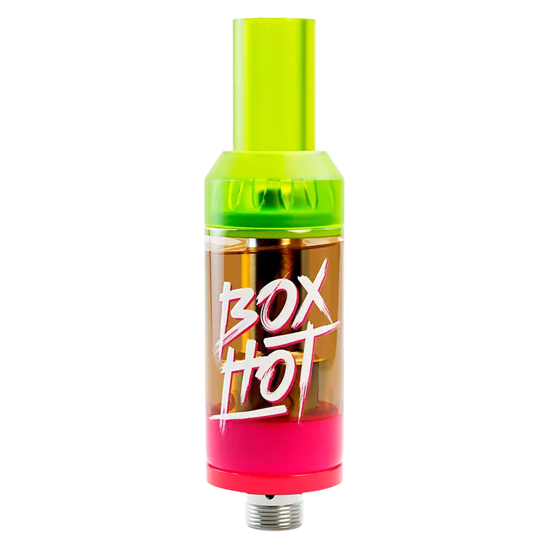 Front-facing image of the Passion Punk Vape Cartridge with neon green mouthpiece and pink base showing "BOX HOT" graphic on the clear chamber