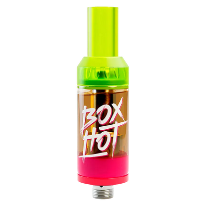 Front-facing image of the Passion Punk Vape Cartridge with neon green mouthpiece and pink base showing "BOX HOT" graphic on the clear chamber