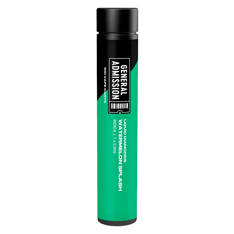 Straight-on view of the Watermelon Splash Liquid Diamond Vape Cartridge by General Admission in its tall green and black cylindrical tube against a white background