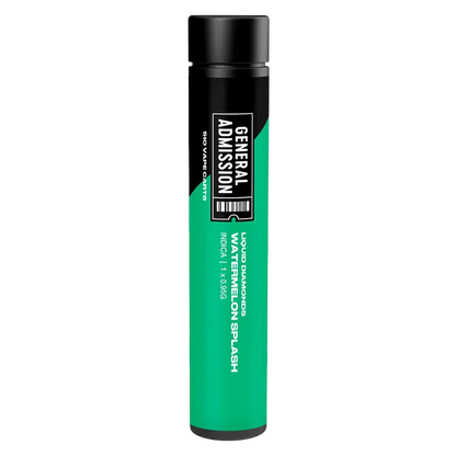 Straight-on view of the Watermelon Splash Liquid Diamond Vape Cartridge by General Admission in its tall green and black cylindrical tube against a white background