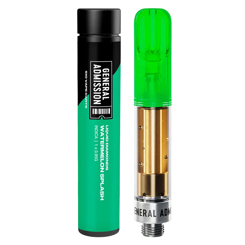 A studio-lit front view of the Watermelon Splash Liquid Diamond Vape Cartridge by General Admission standing next to its green-and-black cylindrical tube.