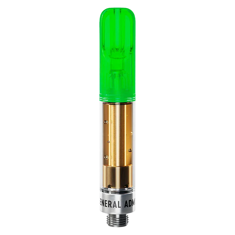 Straight-on view of the Watermelon Splash Liquid Diamond Vape Cartridge showing a green plastic mouthpiece, visible golden cartridge internals, and threaded metal base.