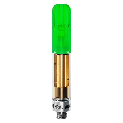 Straight-on view of the Watermelon Splash Liquid Diamond Vape Cartridge showing a green plastic mouthpiece, visible golden cartridge internals, and threaded metal base.