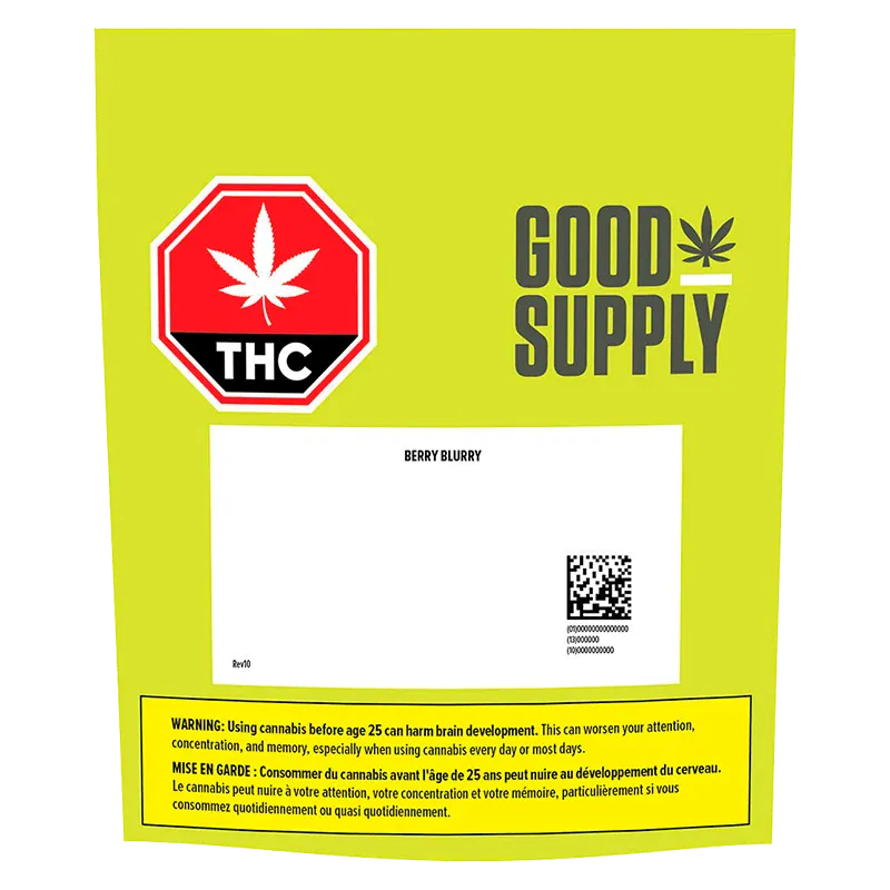 Bright front-facing shot of the lime-green Good Supply Berry Blurry Vape Cartridge packaging with THC emblem and warning label.