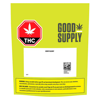 Bright front-facing shot of the lime-green Good Supply Berry Blurry Vape Cartridge packaging with THC emblem and warning label.
