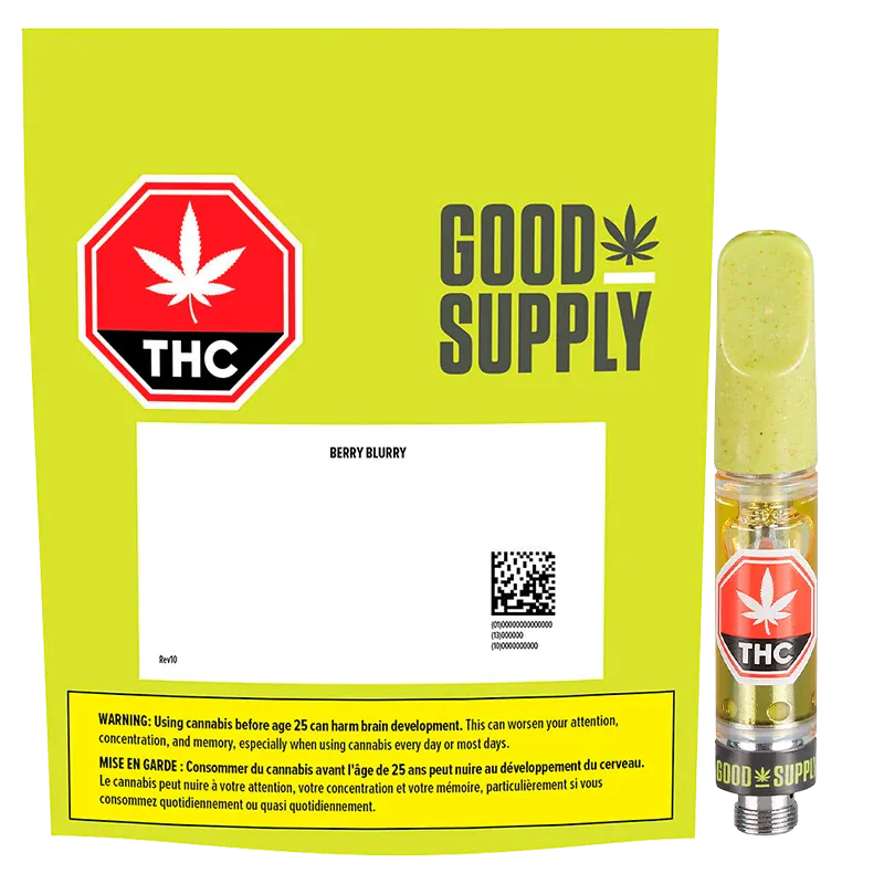 Bright front-facing product shot of a Good Supply Berry Blurry Vape Cartridge against a lime-green branded backing with THC warning label and the cartridge shown upright to the right.