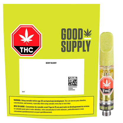 Bright front-facing product shot of a Good Supply Berry Blurry Vape Cartridge against a lime-green branded backing with THC warning label and the cartridge shown upright to the right.