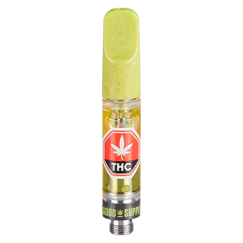 Straight-on studio view of the Berry Blurry Vape Cartridge showing a green mouthpiece, clear cartridge body with golden oil and a red THC label.
