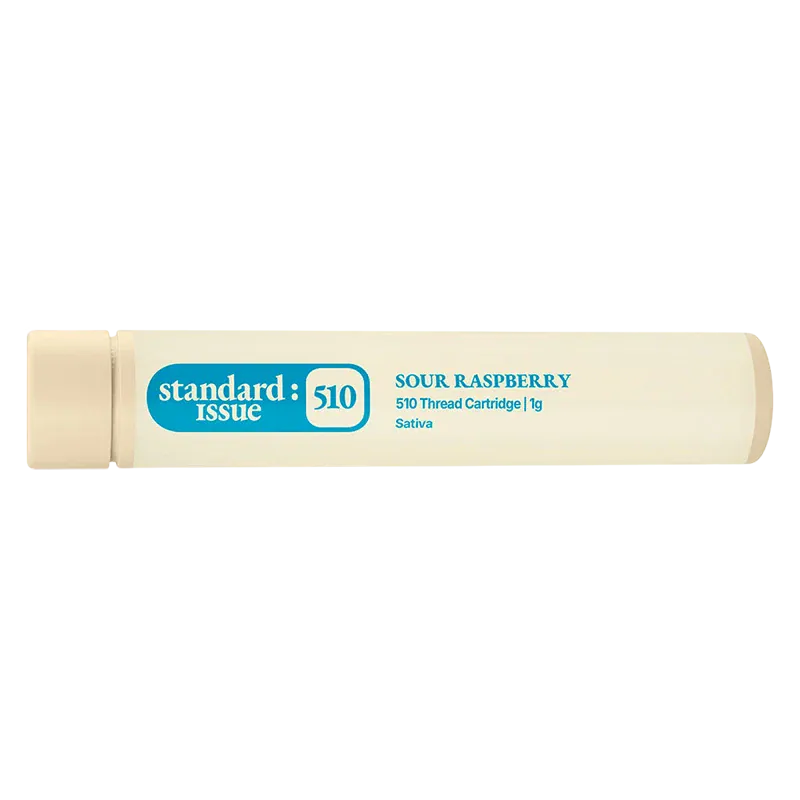 Horizontal close-up of the beige Standard Issue Sour Raspberry Vape Cartridge tube centered on a white background, showing blue logo and text.