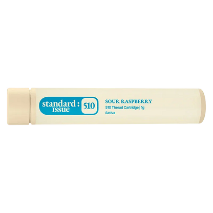 Horizontal close-up of the beige Standard Issue Sour Raspberry Vape Cartridge tube centered on a white background, showing blue logo and text.
