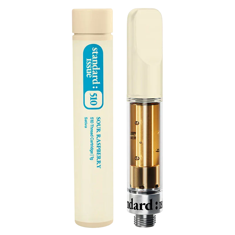 Close-up front view of the Sour Raspberry Vape Cartridge showing the cream-colored tube with blue "standard: 510" label beside the clear cartridge filled with golden oil.
