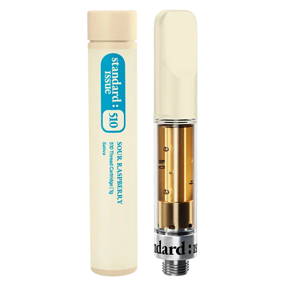 Close-up front view of the Sour Raspberry Vape Cartridge showing the cream-colored tube with blue "standard: 510" label beside the clear cartridge filled with golden oil.