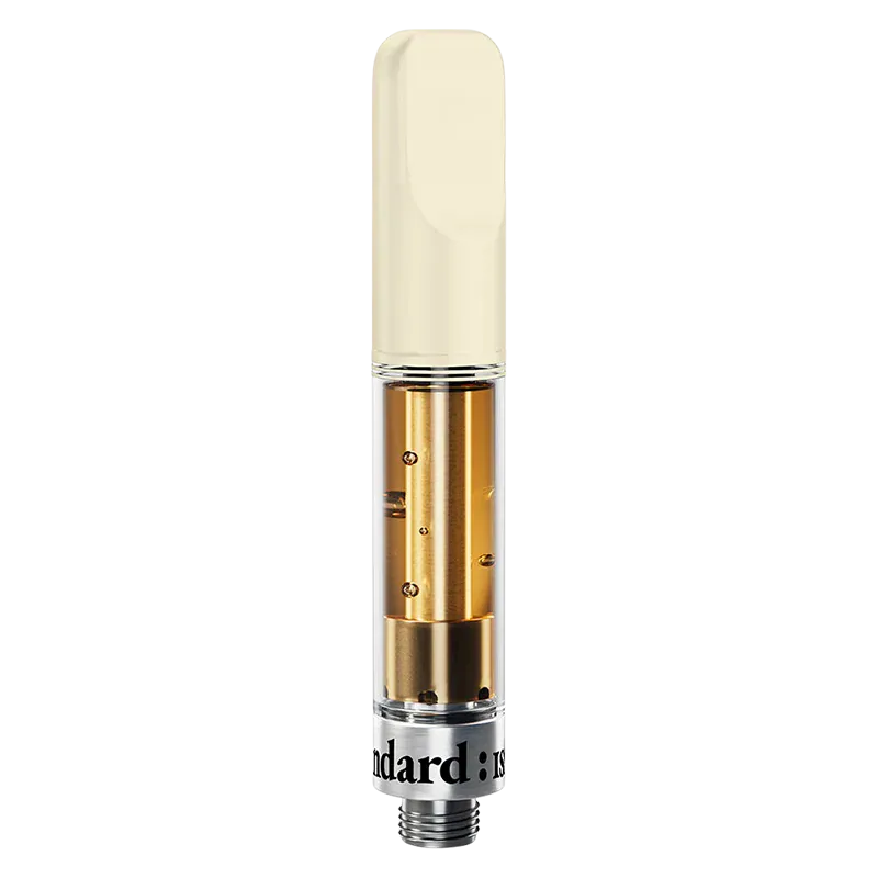 Straight-on close-up of a translucent Sour Raspberry Vape Cartridge showing amber oil, a cream mouthpiece, and metal base threading.