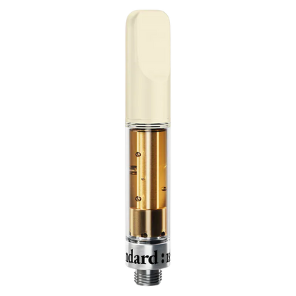 Straight-on close-up of a translucent Sour Raspberry Vape Cartridge showing amber oil, a cream mouthpiece, and metal base threading.