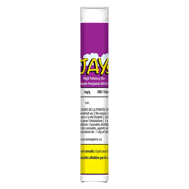 Straight-on product shot of the High Potency 95+ Purple Penjamin Disposable Vape showing its tall purple label, bold yellow logo, and white informational text.