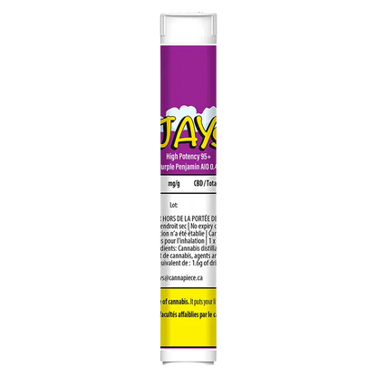 Straight-on product shot of the High Potency 95+ Purple Penjamin Disposable Vape showing its tall purple label, bold yellow logo, and white informational text.