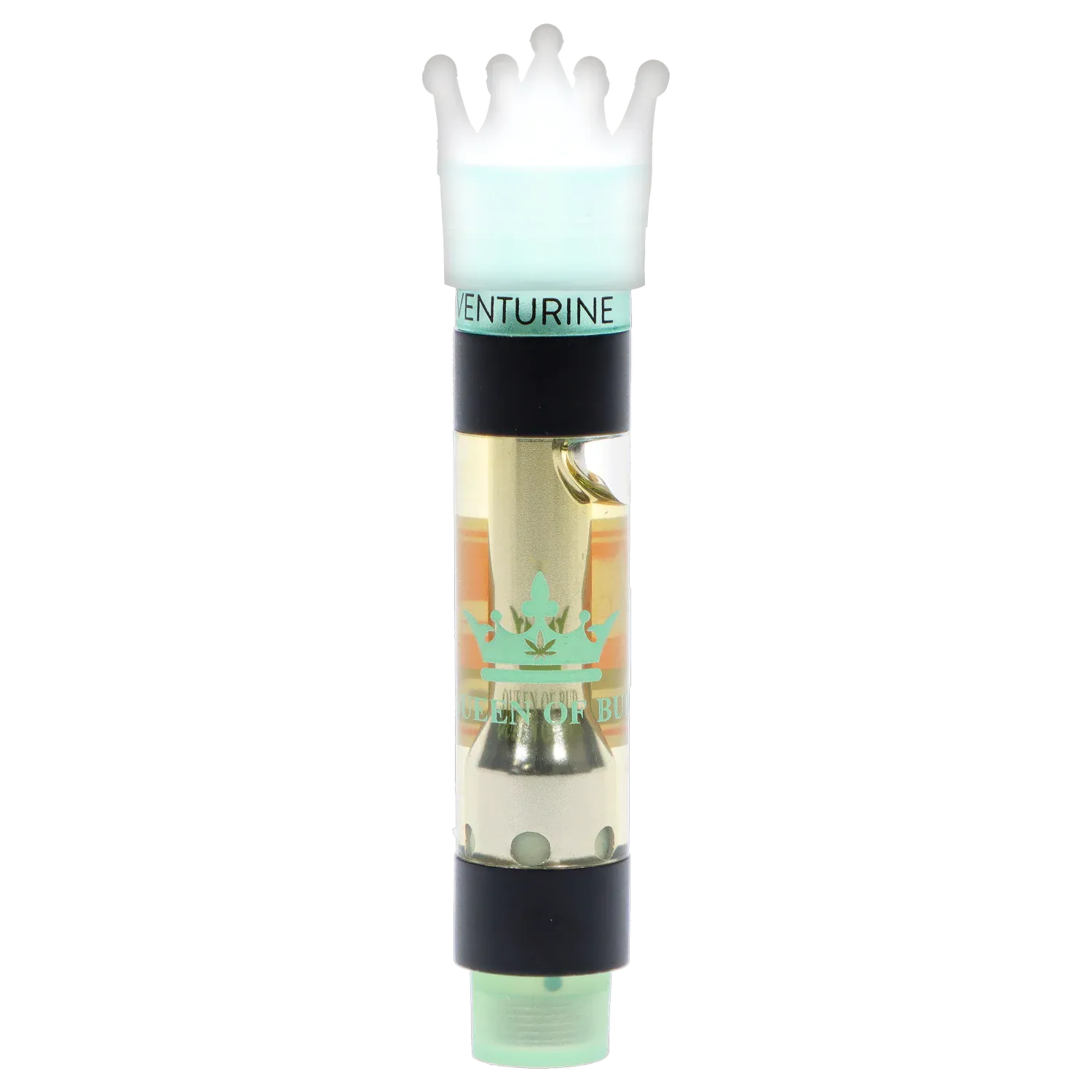 Straight-on close-up of an Aventurine Liquid Crystals Vape Cartridge showing the mint-green mouthpiece, clear oil chamber with gold internals, and black banded top.