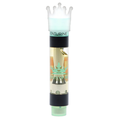 Straight-on close-up of an Aventurine Liquid Crystals Vape Cartridge showing the mint-green mouthpiece, clear oil chamber with gold internals, and black banded top.