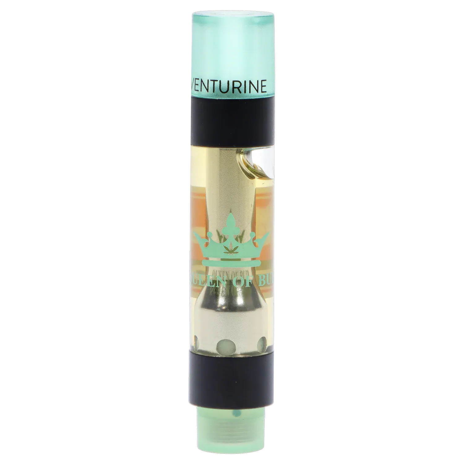 Close-up frontal view of the Aventurine Liquid Crystals Vape Cartridge showing its mint-green cap, clear oil chamber, and gold inner tube.