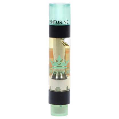 Close-up frontal view of the Aventurine Liquid Crystals Vape Cartridge showing its mint-green cap, clear oil chamber, and gold inner tube.