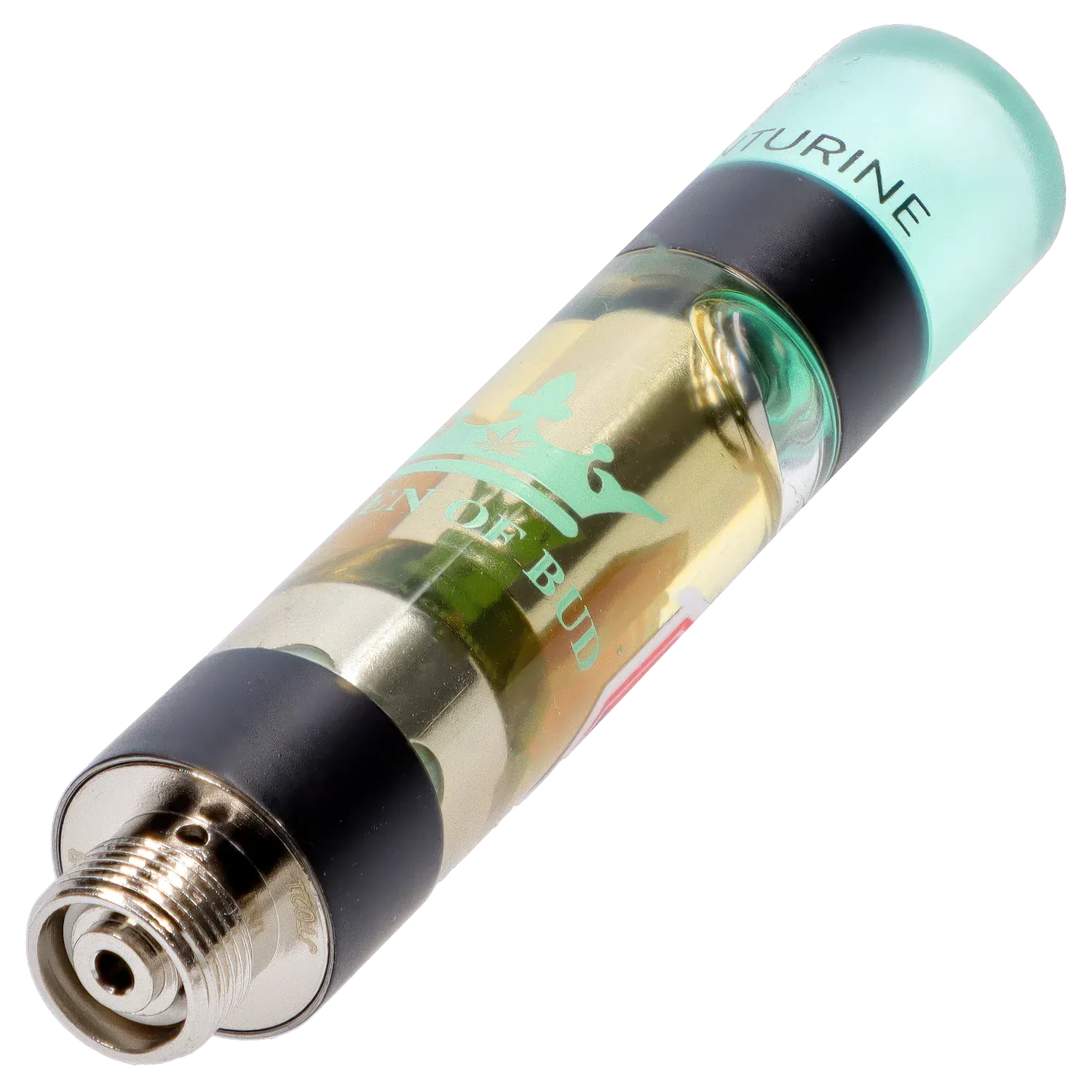 Angled close-up of an Aventurine Liquid Crystals Vape Cartridge showing the threaded metal base, clear oil chamber with mint-green logo, and frosted mint mouthpiece.