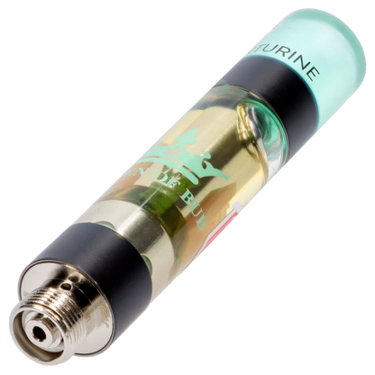 Angled close-up of an Aventurine Liquid Crystals Vape Cartridge showing the threaded metal base, clear oil chamber with mint-green logo, and frosted mint mouthpiece.