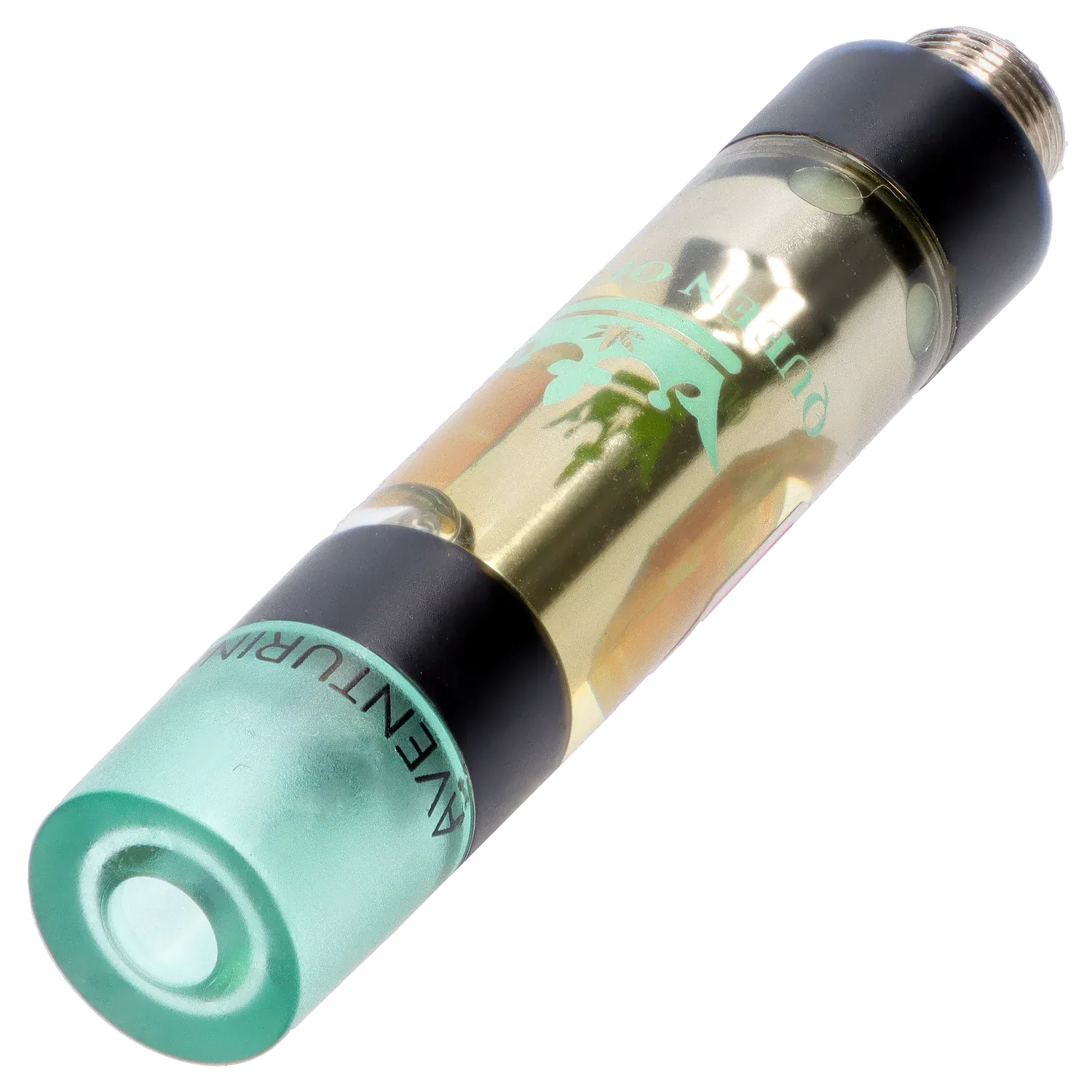 Angled close-up of an Aventurine Liquid Crystals Vape Cartridge showing its translucent oil chamber, mint mouthpiece, and metallic threading.