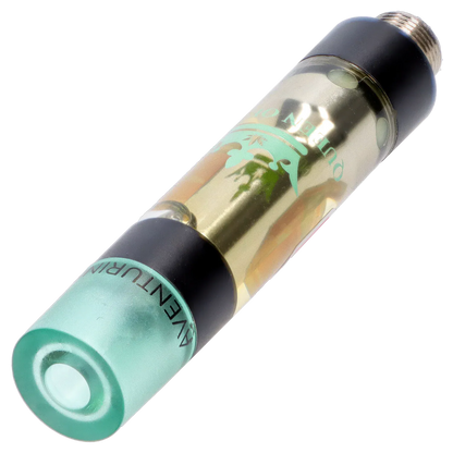 Angled close-up of an Aventurine Liquid Crystals Vape Cartridge showing its translucent oil chamber, mint mouthpiece, and metallic threading.