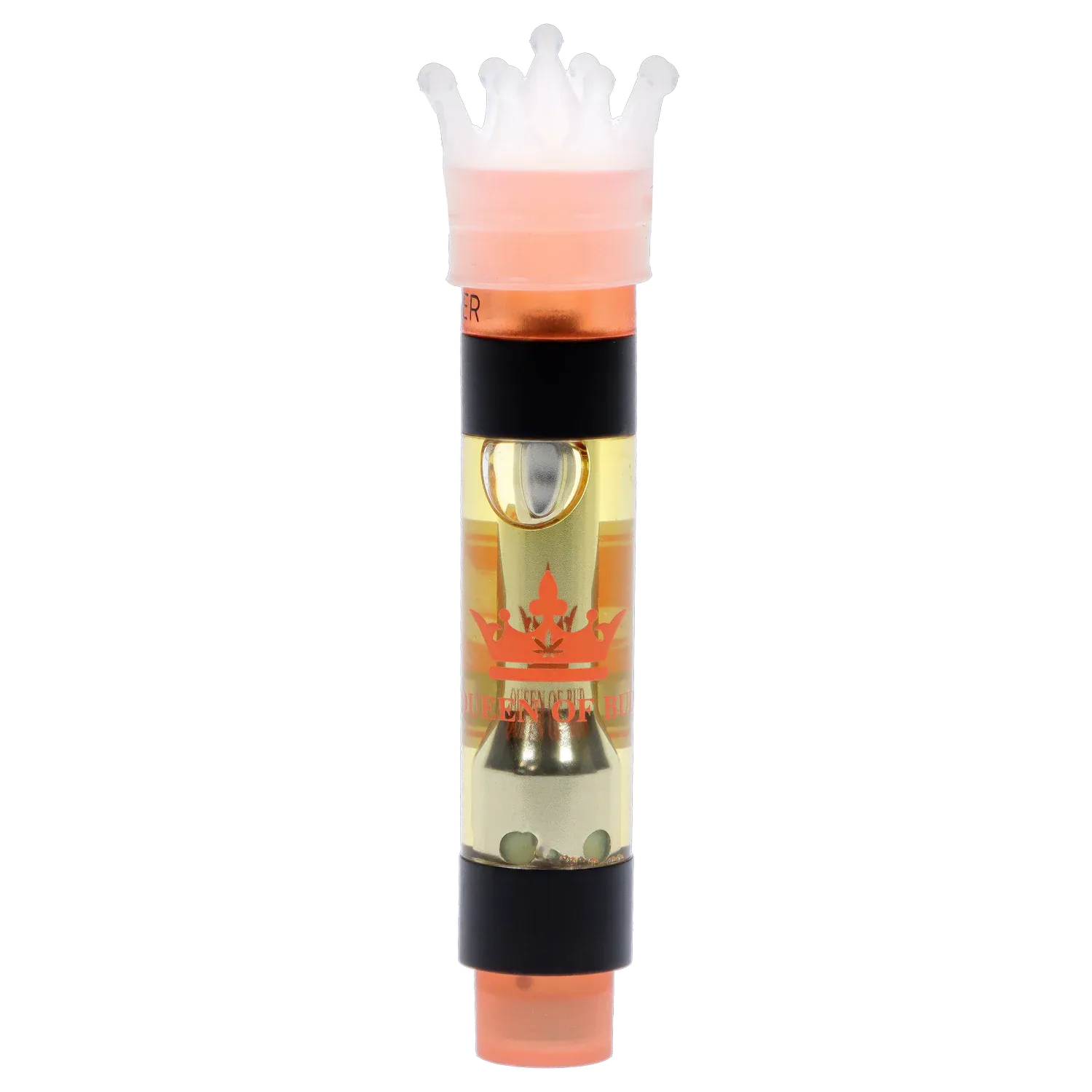 Close-up vertical shot of the Red Jasper Liquid Crystals Vape Cartridge showing its translucent gold oil chamber, black band, and a crown-shaped white silicone mouthpiece.