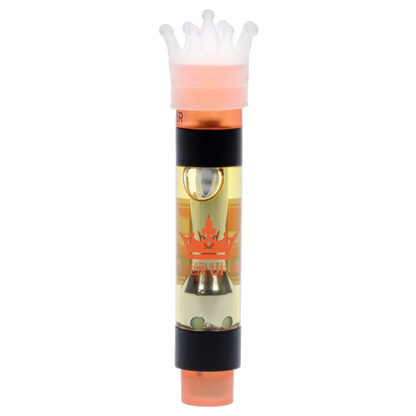 Close-up vertical shot of the Red Jasper Liquid Crystals Vape Cartridge showing its translucent gold oil chamber, black band, and a crown-shaped white silicone mouthpiece.