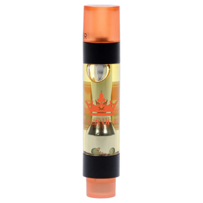 Straight-on studio shot of the Red Jasper Liquid Crystals Vape Cartridge showing its orange mouthpiece, clear oil chamber with a red crown logo, and metallic central stem.