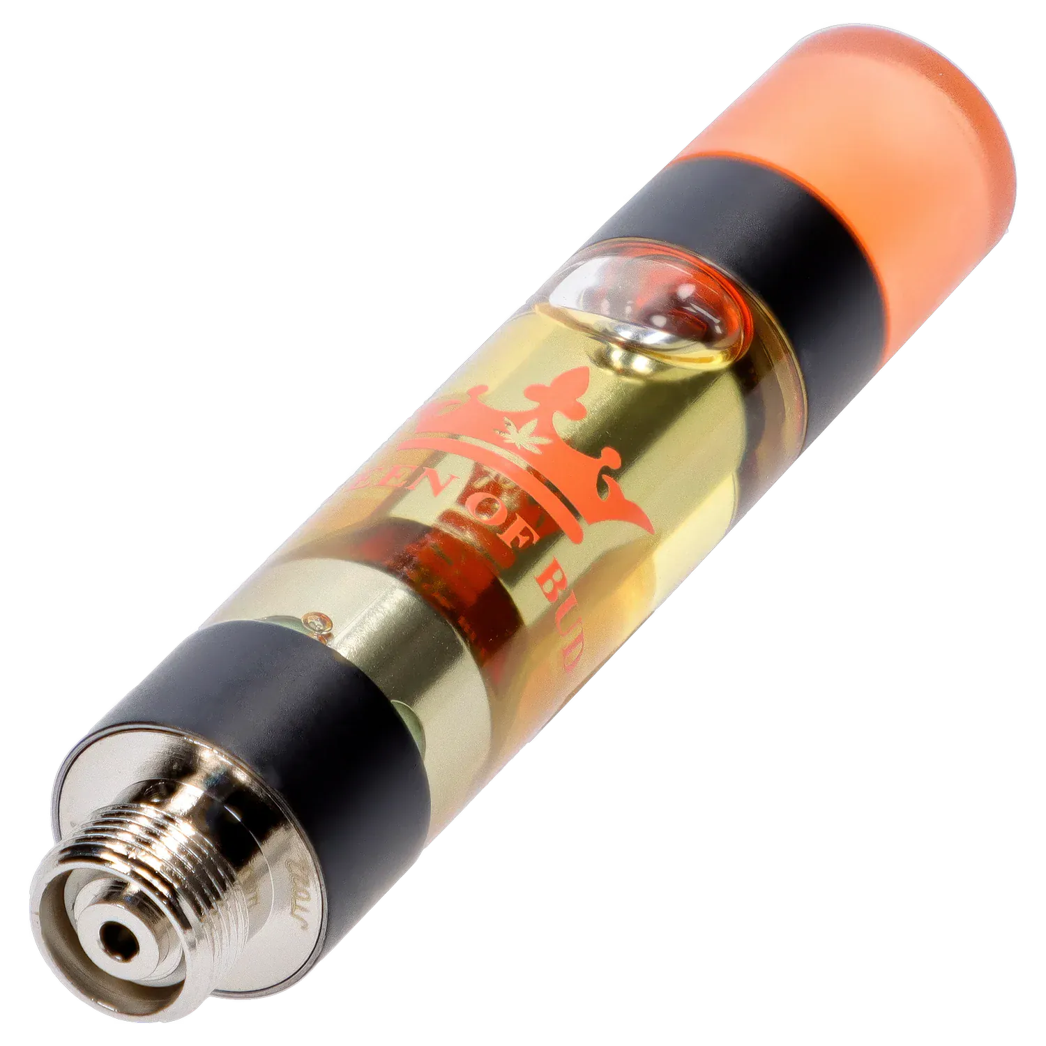 Angled close-up of the Red Jasper Liquid Crystals Vape Cartridge showing its metallic threaded base, clear oil chamber with red crown logo, and orange mouthpiece.