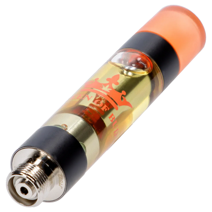 Angled close-up of the Red Jasper Liquid Crystals Vape Cartridge showing its metallic threaded base, clear oil chamber with red crown logo, and orange mouthpiece.