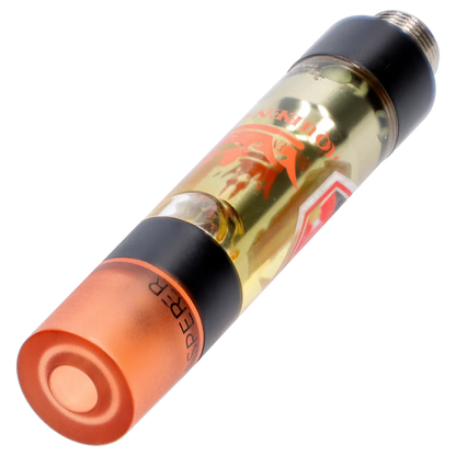 Angled close-up of a filled Red Jasper Liquid Crystals Vape Cartridge showing its gold-hued liquid, orange mouthpiece, and black metal connector.