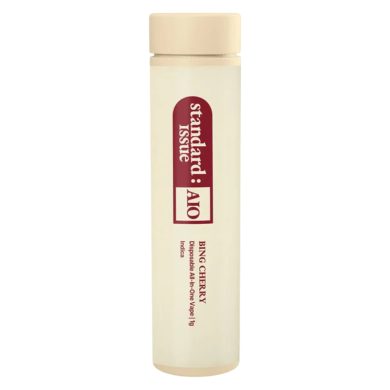 Tall front-on view of the Bing Cherry Disposable Vape in a pale cream tube with vertical red logo and text.