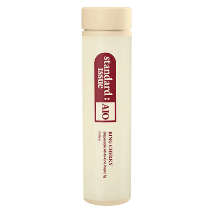 Tall front-on view of the Bing Cherry Disposable Vape in a pale cream tube with vertical red logo and text.