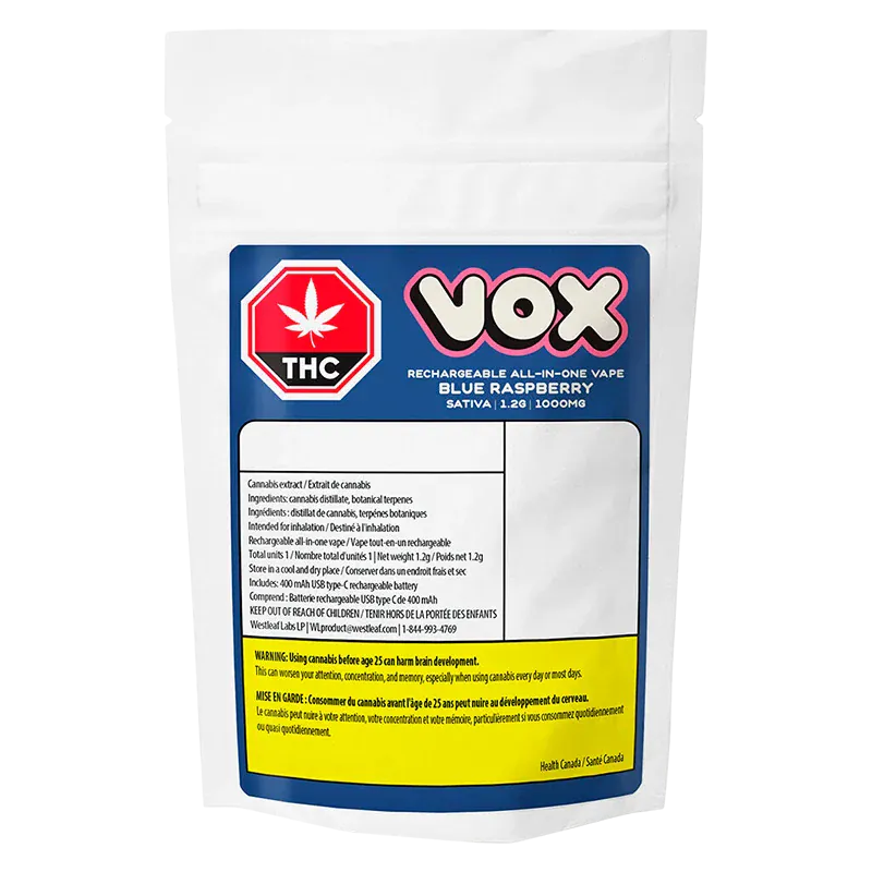 Front-facing shot of the pouch packaging for the VOX Blue Raspberry Disposable Vape showing a blue label, THC icon, and yellow warning panel.