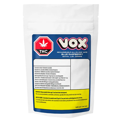 Front-facing shot of the pouch packaging for the VOX Blue Raspberry Disposable Vape showing a blue label, THC icon, and yellow warning panel.
