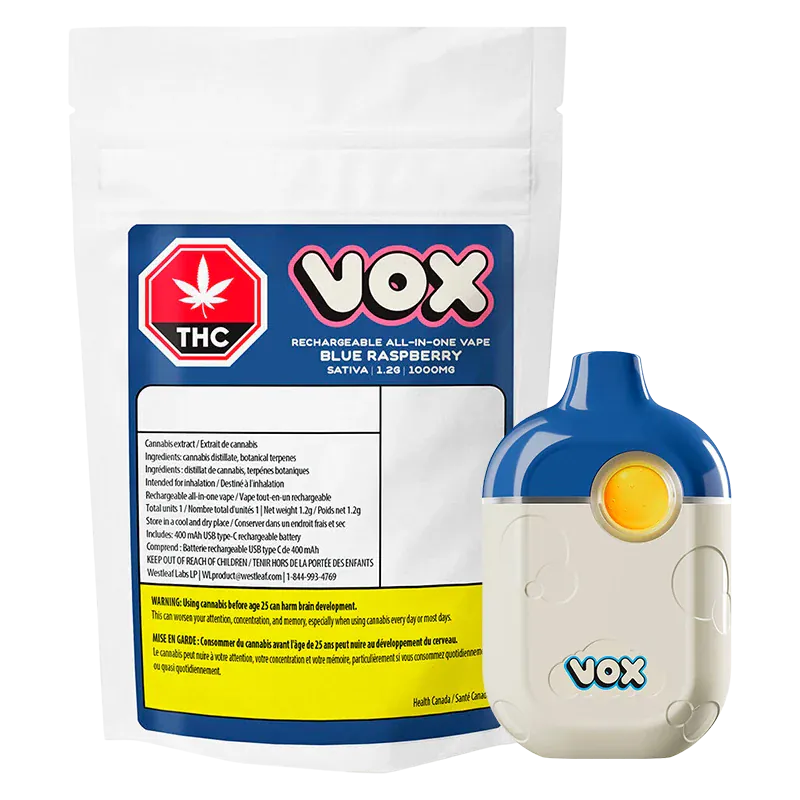 White background studio shot of the Blue Raspberry Disposable Vape by VOX with its blue-and-cream device front and matching branded pouch behind.