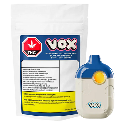 White background studio shot of the Blue Raspberry Disposable Vape by VOX with its blue-and-cream device front and matching branded pouch behind.