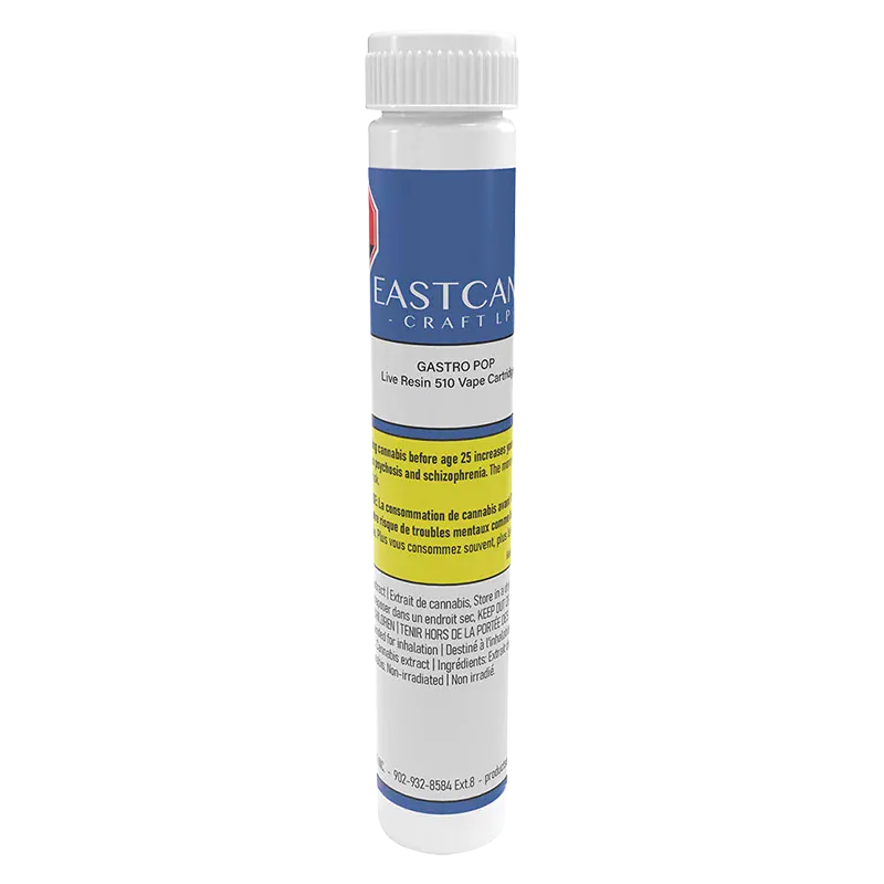 Centered vertical shot of a white tube labeled "Gastro Pop Live Resin Vape Cartridge" with blue and yellow bands and small printed warnings.