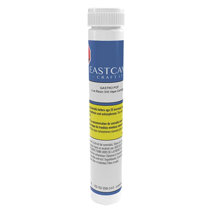 Centered vertical shot of a white tube labeled "Gastro Pop Live Resin Vape Cartridge" with blue and yellow bands and small printed warnings.