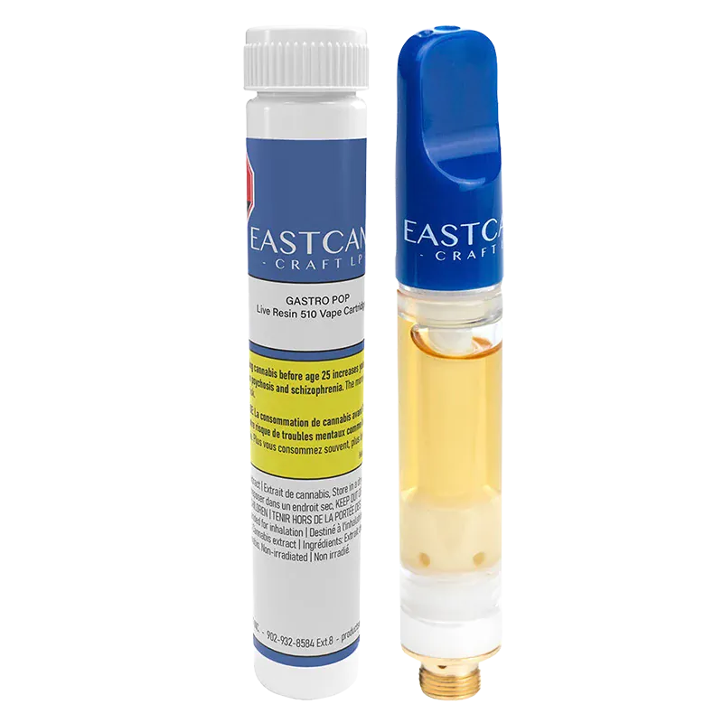 Studio-lit close-up of the Gastro Pop Live Resin Vape Cartridge standing upright beside its labeled white and blue cylinder packaging.