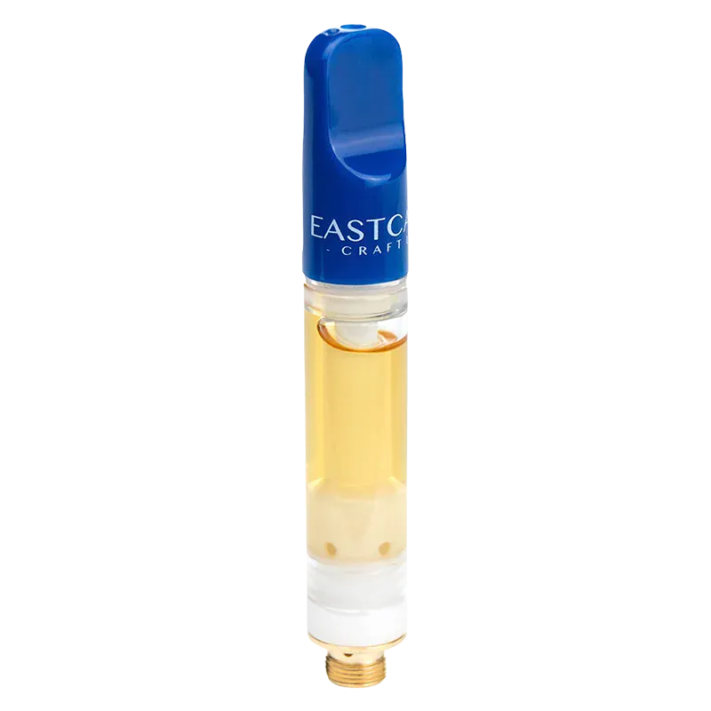 Straight-on view of the Gastro Pop Live Resin Vape Cartridge standing upright with a blue mouthpiece and golden oil visible in the clear tank.
