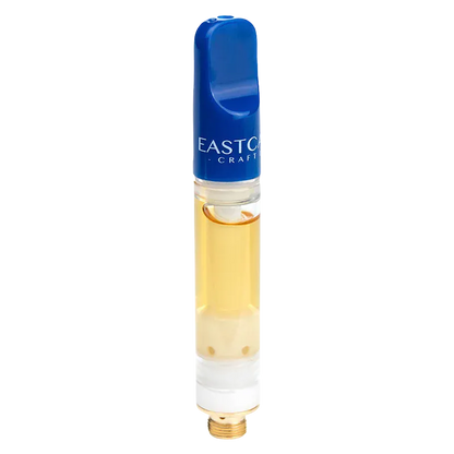 Straight-on view of the Gastro Pop Live Resin Vape Cartridge standing upright with a blue mouthpiece and golden oil visible in the clear tank.