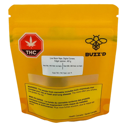 Front-facing shot of the yellow pouch labeled Live Resin Vape Digital Screen Fidget Spinner AIO with a bee logo, THC symbol, and warning panel.