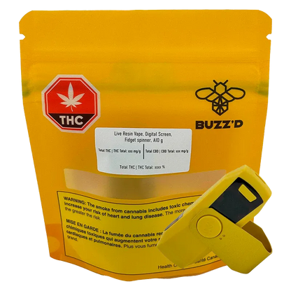 Angled view of the yellow Buzz'd Live Resin Vape Digital Screen Fidget Spinner AIO pouch with a yellow vape device resting against its lower right.