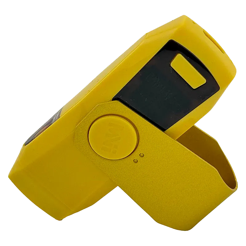 Angled close-up of a bright yellow Live Resin Vape Digital Screen Fidget Spinner AIO showing its folded, swivel body, round central pivot, and black digital screen.