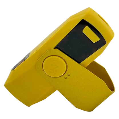 Angled close-up of a bright yellow Live Resin Vape Digital Screen Fidget Spinner AIO showing its folded, swivel body, round central pivot, and black digital screen.